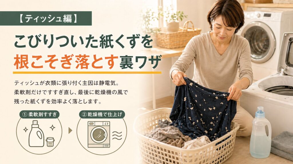 ティッシュ・おむつ・ペットシーツなどを洗濯してしまった時の対処 【ティッシュ編】こびりついた紙くずを根こそぎ落とす裏ワザ