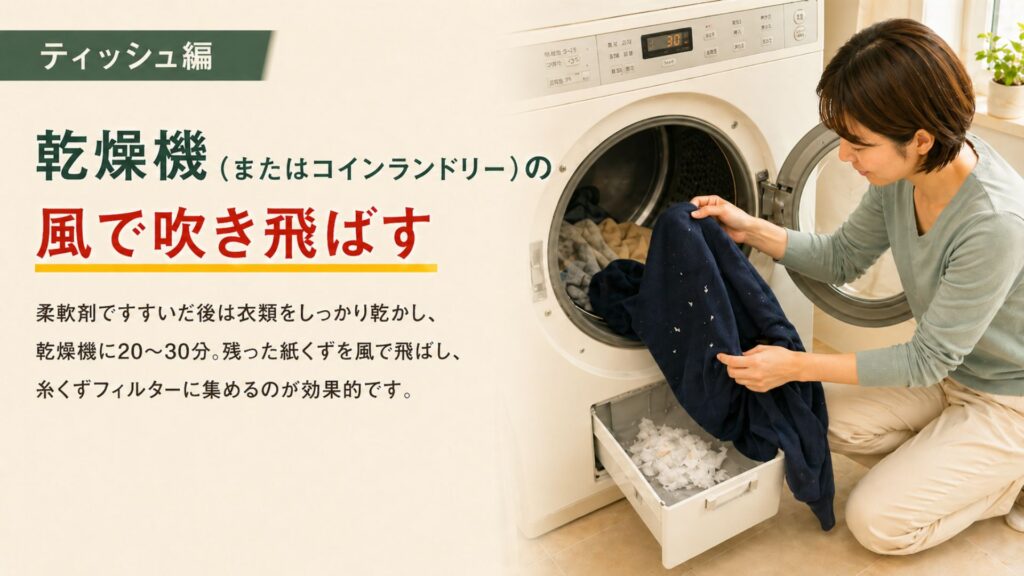 ティッシュ・おむつ・ペットシーツなどを洗濯してしまった時の対処【ティッシュ編】乾燥機（またはコインランドリー）の風で吹き飛ばす