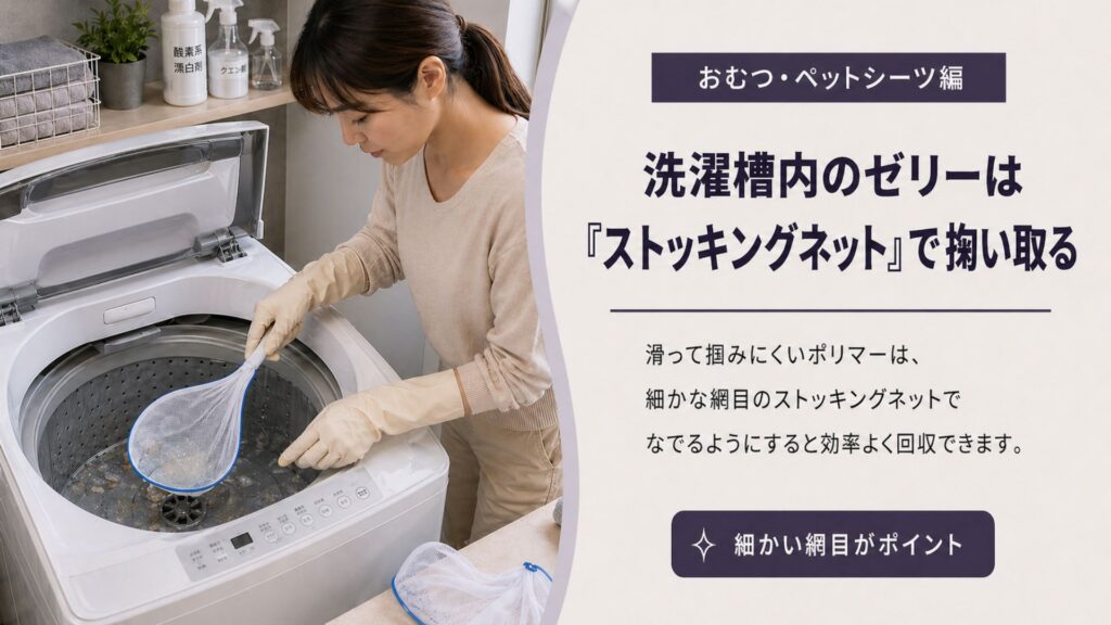 ティッシュ・おむつ・ペットシーツなどを洗濯してしまった時の対処【おむつ・ペットシーツ編】 洗濯槽内のゼリーは「ストッキングネット」で掬い取る
