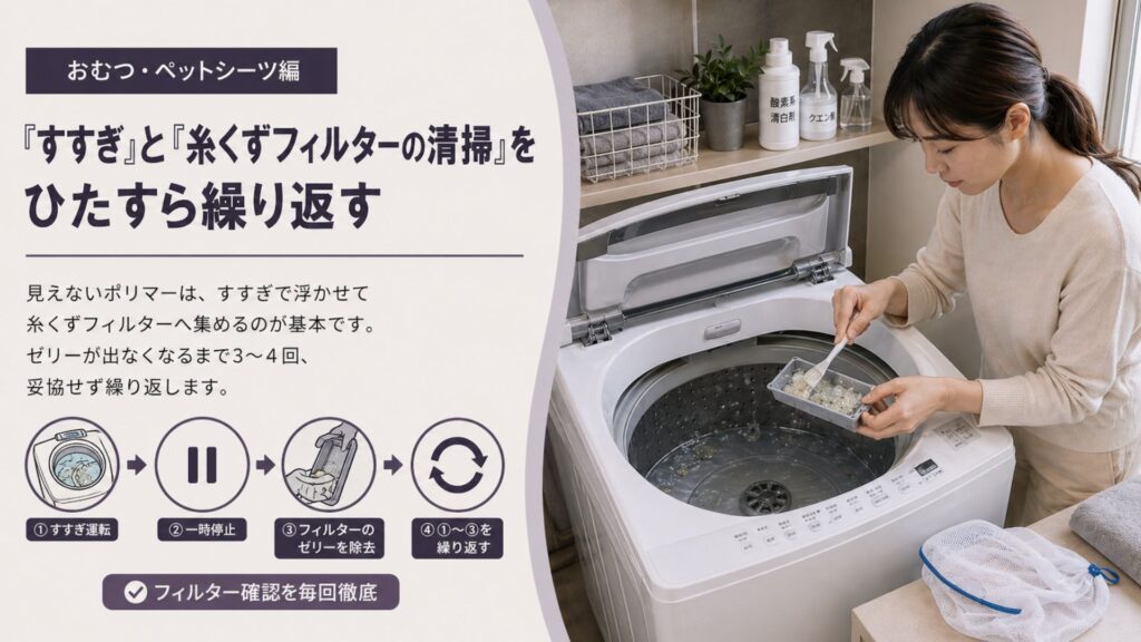 ティッシュ・おむつ・ペットシーツなどを洗濯してしまった時の対処【おむつ・ペットシーツ編】 「すすぎ」と「糸くずフィルターの清掃」をひたすら繰り返す