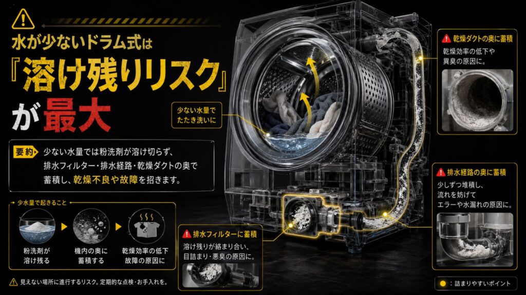 ドラム式に粉洗剤は使っても大丈夫？ 水が少ないドラム式は「溶け残りリスク」が最大