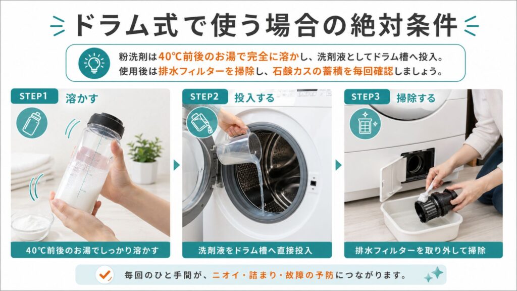 ドラム式に粉洗剤は使っても大丈夫？ ドラム式で使う場合の絶対条件