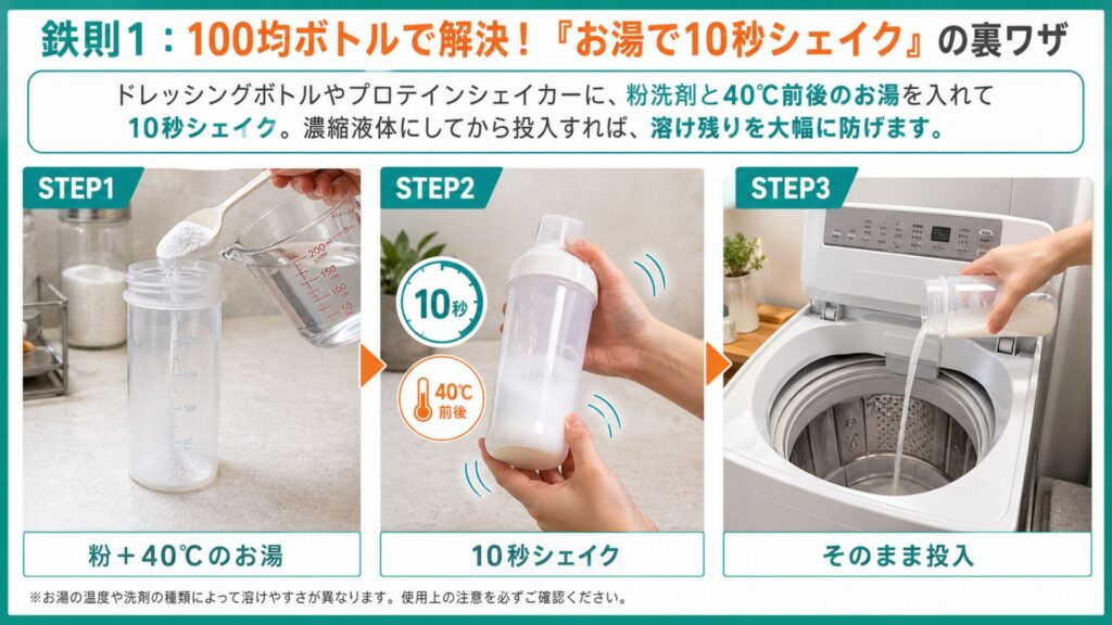 粉洗剤のメリットを最大化する「正しい使い方」 鉄則1：100均ボトルで解決！「お湯で10秒シェイク」の裏ワザ