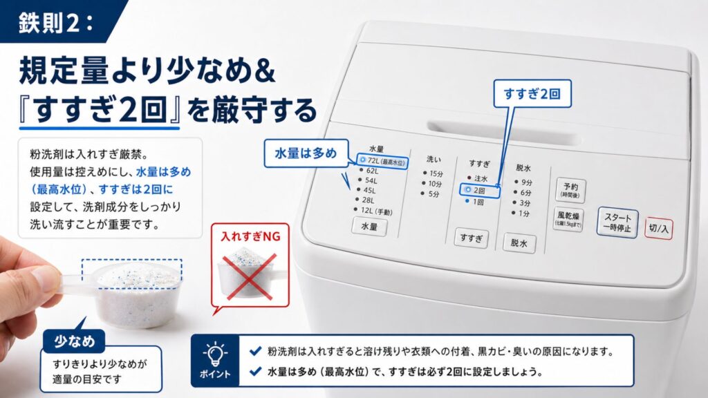 粉洗剤のメリットを最大化する「正しい使い方」 鉄則2：規定量より少なめ＆「すすぎ2回」を厳守する
