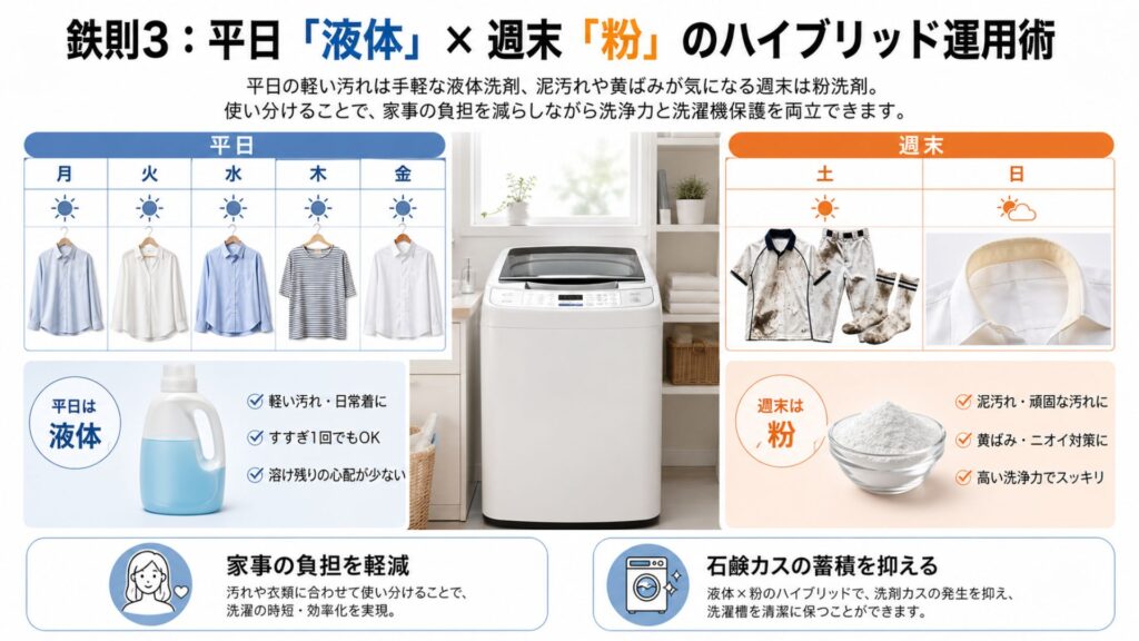 粉洗剤のメリットを最大化する「正しい使い方」 鉄則3：平日「液体」×週末「粉」のハイブリッド運用術