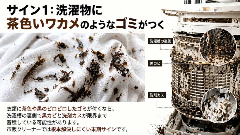 粉洗剤の詰まりを知らせる「危険なサイン」 サイン1：洗濯物に茶色いワカメのようなゴミがつく