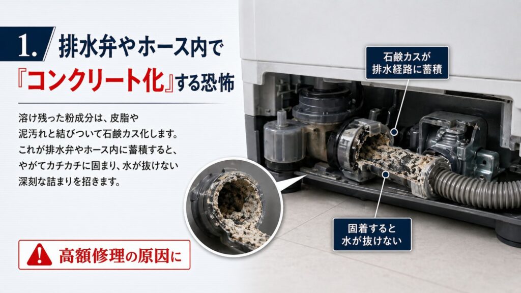 「溶け残り」が洗濯機を内側から破壊する3つの理由 1. 排水弁やホース内で「コンクリート化」する恐怖