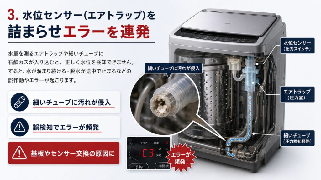 「溶け残り」が洗濯機を内側から破壊する3つの理由 3. 水位センサー（エアトラップ）を詰まらせエラーを連発