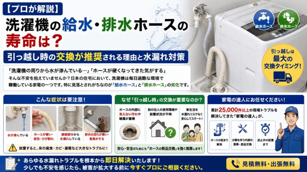 【プロが解説】洗濯機の給水・排水ホースの寿命は?交換時期のサインと水漏れ対策