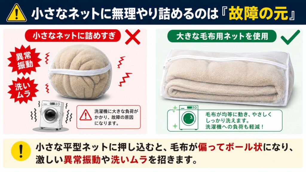 洗濯機で毛布の洗濯 小さなネットに無理やり詰めるのは「故障の元」