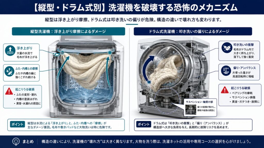 洗濯機で毛布の洗濯 【縦型・ドラム式別】洗濯機を破壊する恐怖のメカニズム