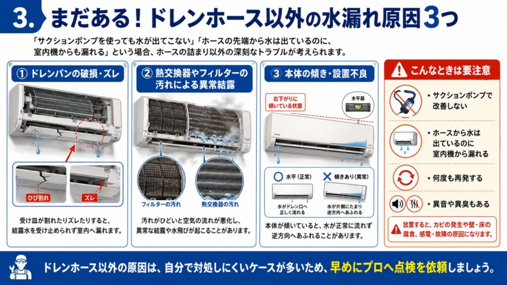 ドレンホース以外の水漏れ原因