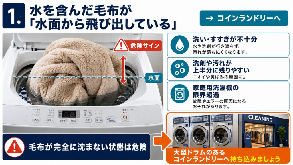 こんな時は迷わずコインランドリーへ! 1. 水を含んだ毛布が「水面から飛び出している」