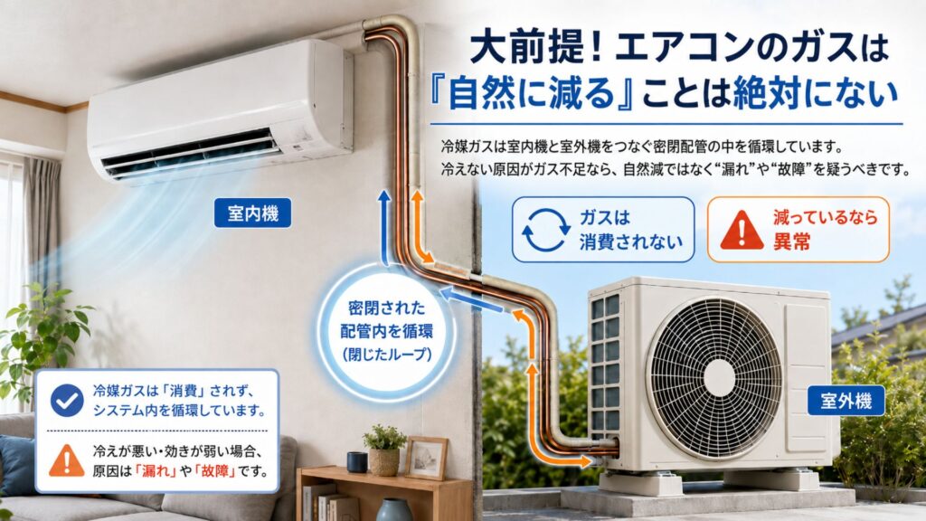 エアコンのガス漏れ原因 大前提！エアコンのガスは「自然に減る」ことは絶対にない