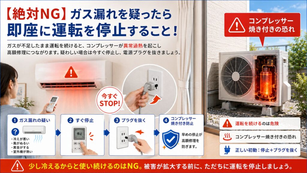 【絶対NG】エアコンのガス漏れを疑ったら即座に運転を停止すること！