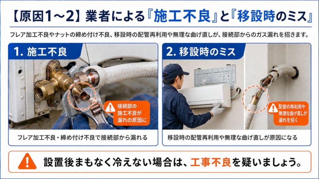 エアコンのガス漏れを引き起こす7つの原因 【原因1〜2】業者による「施工不良」と「移設時のミス」