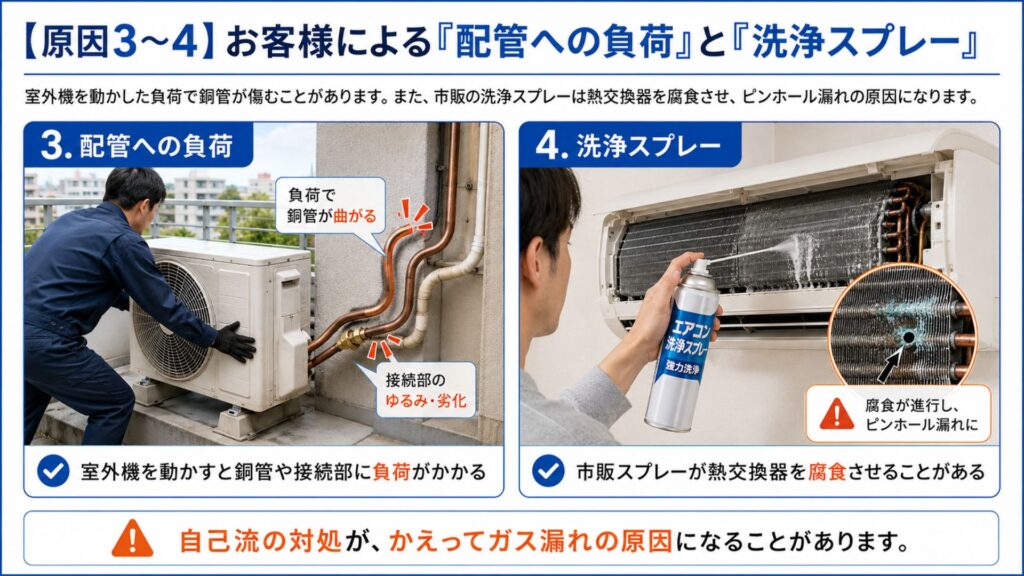 エアコンのガス漏れを引き起こす7つの原因 【原因3〜4】お客様による「配管への負荷」と「洗浄スプレー」