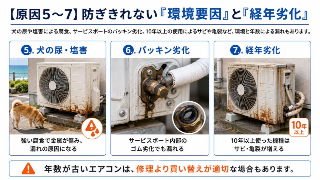 エアコンのガス漏れを引き起こす7つの原因 【原因5〜7】防ぎきれない「環境要因」と「経年劣化」