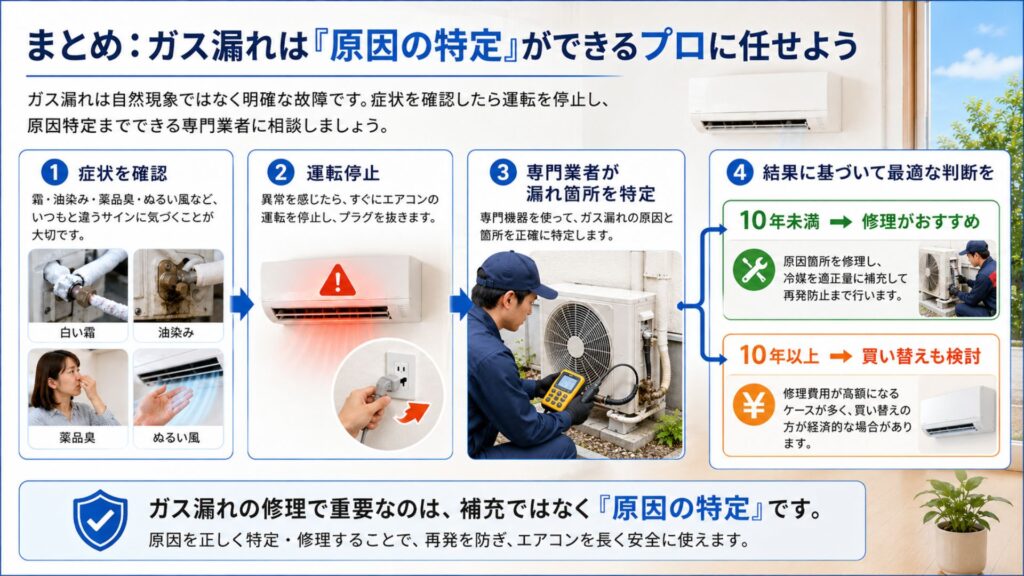 エアコンのガス漏れ まとめ：ガス漏れは「原因の特定」ができるプロに任せよう