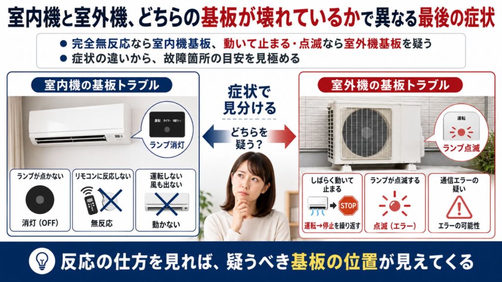 エアコンの室内機と室外機、どちらの基盤が壊れているかで異なる最後の症状