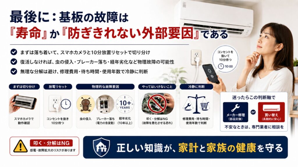 最後に:エアコンの基盤の故障は「寿命」か「防ぎきれない外部要因」である