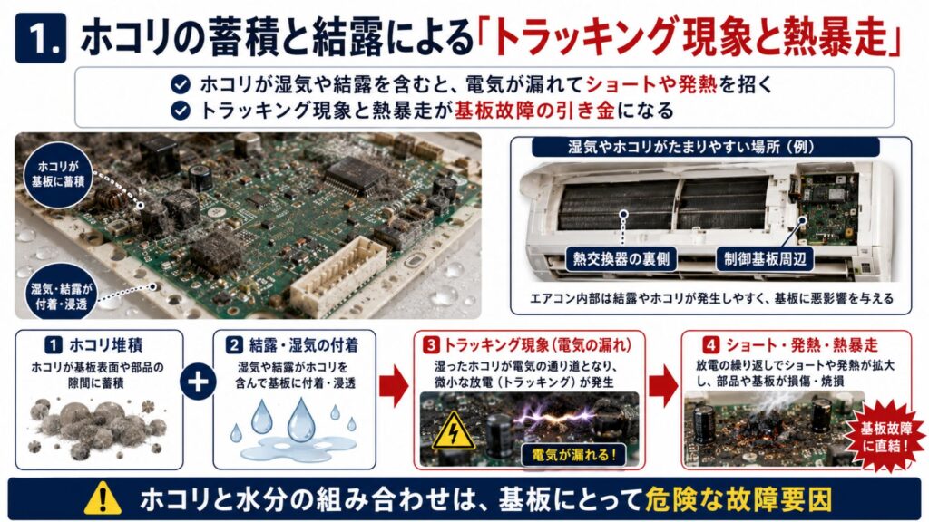 【プロが暴露】エアコンの基盤がショート・故障する4つの原因 1. ホコリの蓄積と結露による「トラッキング現象と熱暴走」