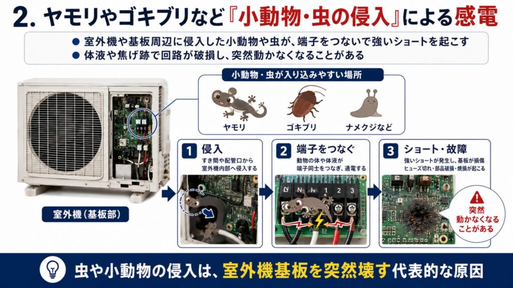 【プロが暴露】エアコンの基盤がショート・故障する4つの原因 2. ヤモリやゴキブリなど「小動物・虫の侵入」による感電