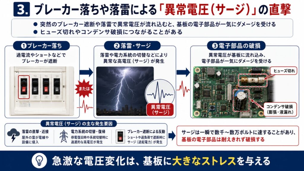 【プロが暴露】エアコンの基盤がショート・故障する4つの原因 3. ブレーカー落ちや落雷による「異常電圧(サージ)」の直撃