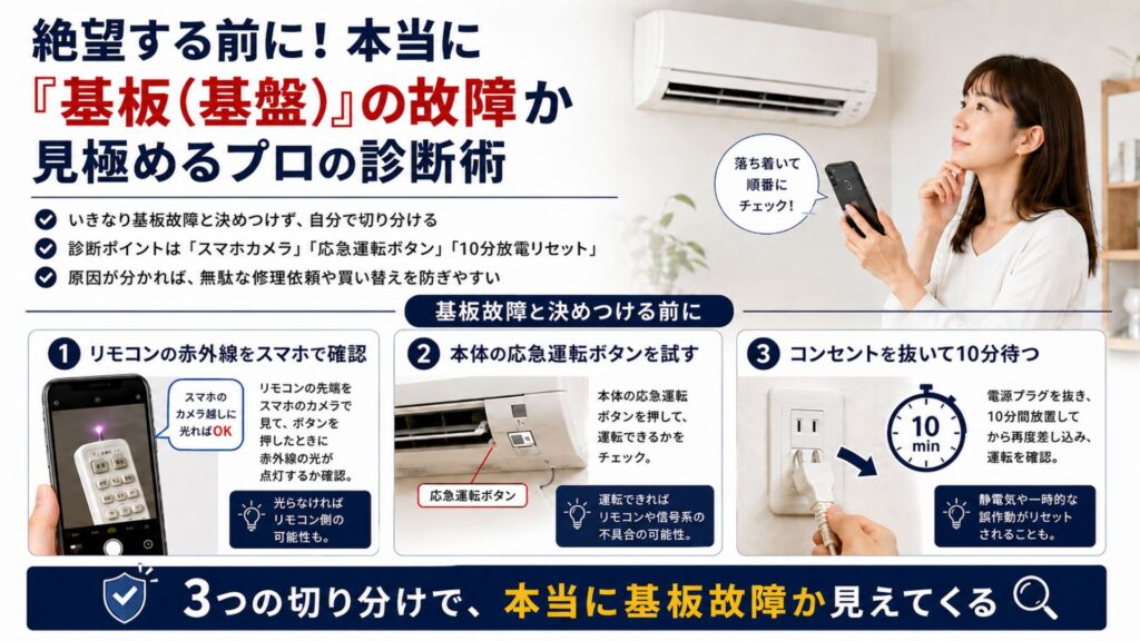 エアコンがつかない原因 絶望する前に!本当に 「基板(基盤)」の故障か見極めるプロの診断術