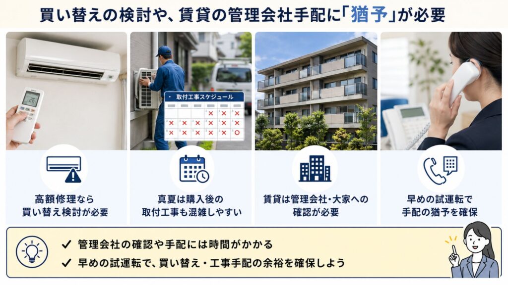 夏前の試運転を絶対に行うべき理由 買い替えの検討や、賃貸の管理会社手配に「猶予」が必要