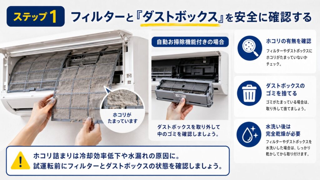 【プロ直伝】確実なエアコン試運転の「やり方」完全マニュアル ステップ1：フィルターと「ダストボックス」を安全に確認する