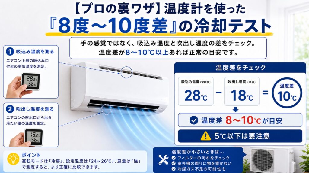 【プロ直伝】確実なエアコン試運転の「やり方」完全マニュアル 【プロの裏ワザ】温度計を使った「8度〜10度差」の冷却テスト