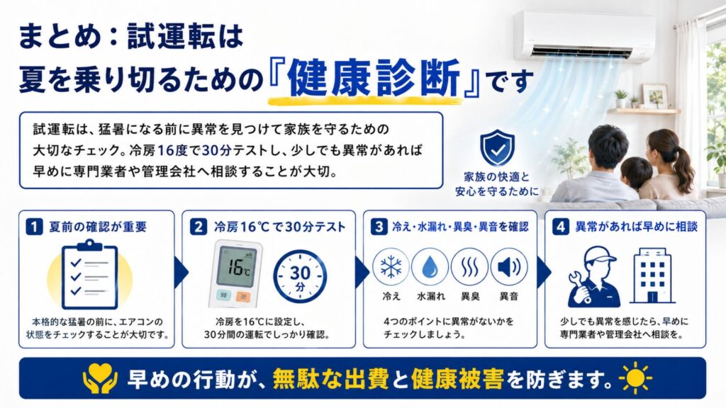 まとめ：エアコンの試運転は夏を乗り切るための「健康診断」です
