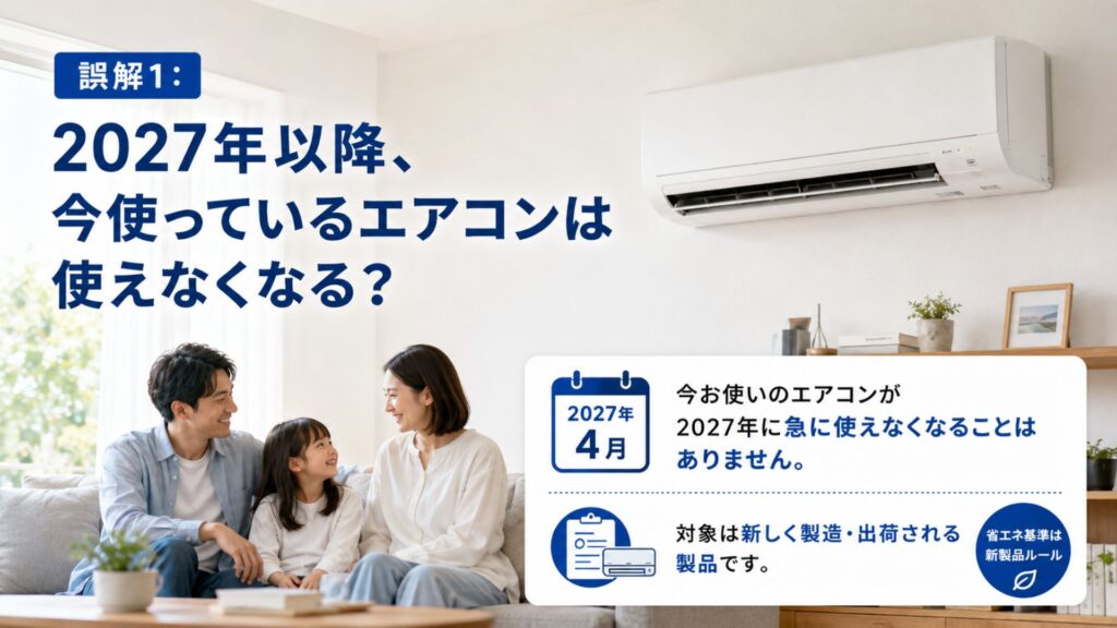 エアコン2027年問題とは?読者が誤解しやすい3つのポイント 誤解1:2027年以降、今使っているエアコンは使えなくなる?