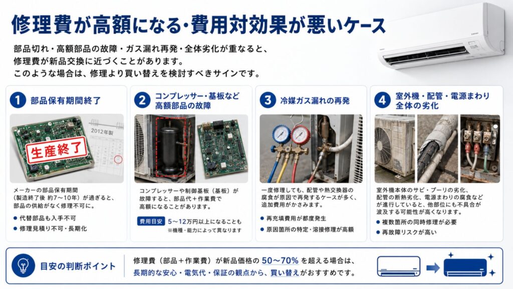 エアコン2027年問題とは? 2027年以降も修理できる?できないケースをプロが解説 修理費が高額になる・費用対効果が悪いケース