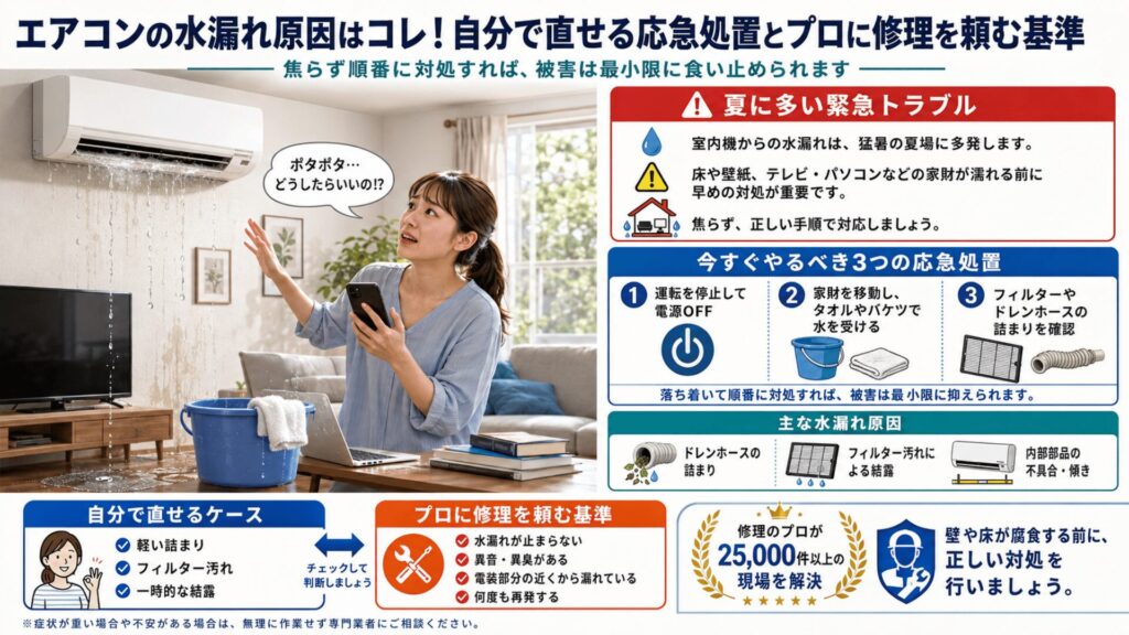 エアコンの水漏れ原因はコレ！自分で直せる応急処置とプロに修理を頼む基準