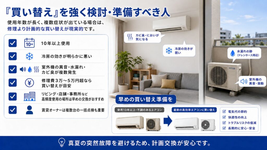 エアコン2027年問題とは? 【プロの診断表】買い替えるべき人・修理でよい人の判断基準 「買い替え」を強く検討・準備すべき人