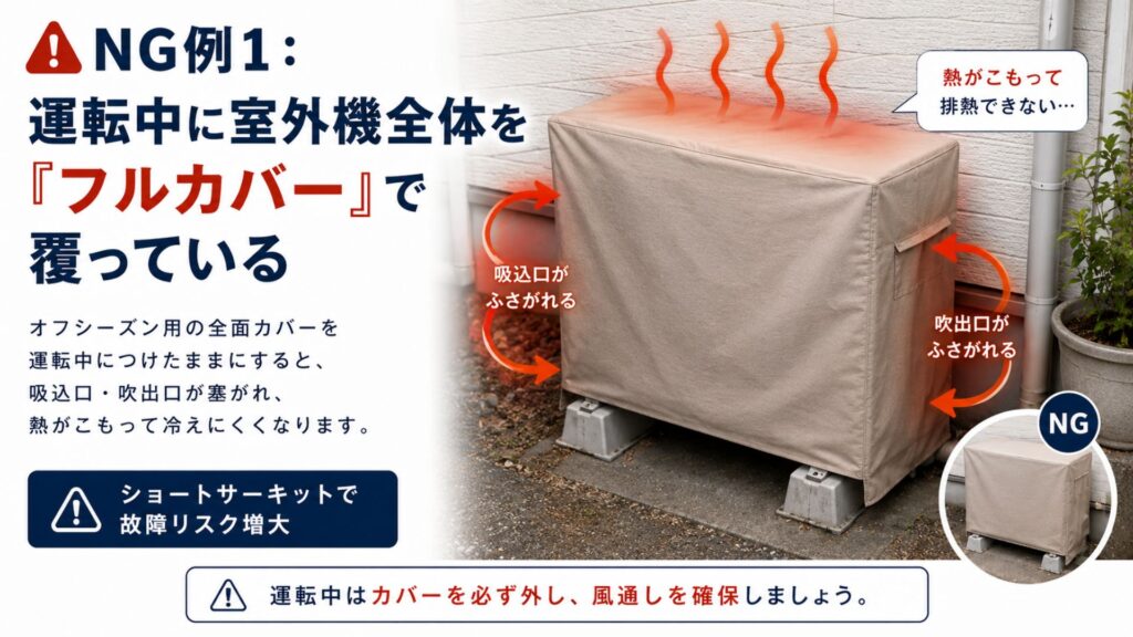 【警告】エアコンの室外機カバーが逆効果になるNG例1：運転中に室外機全体を「フルカバー」で覆っている