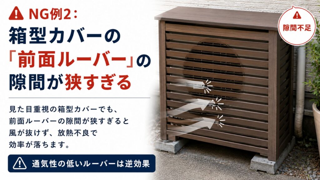 【警告】エアコンの室外機カバーが逆効果になるNG例2：箱型カバーの「前面ルーバー」の隙間が狭すぎる