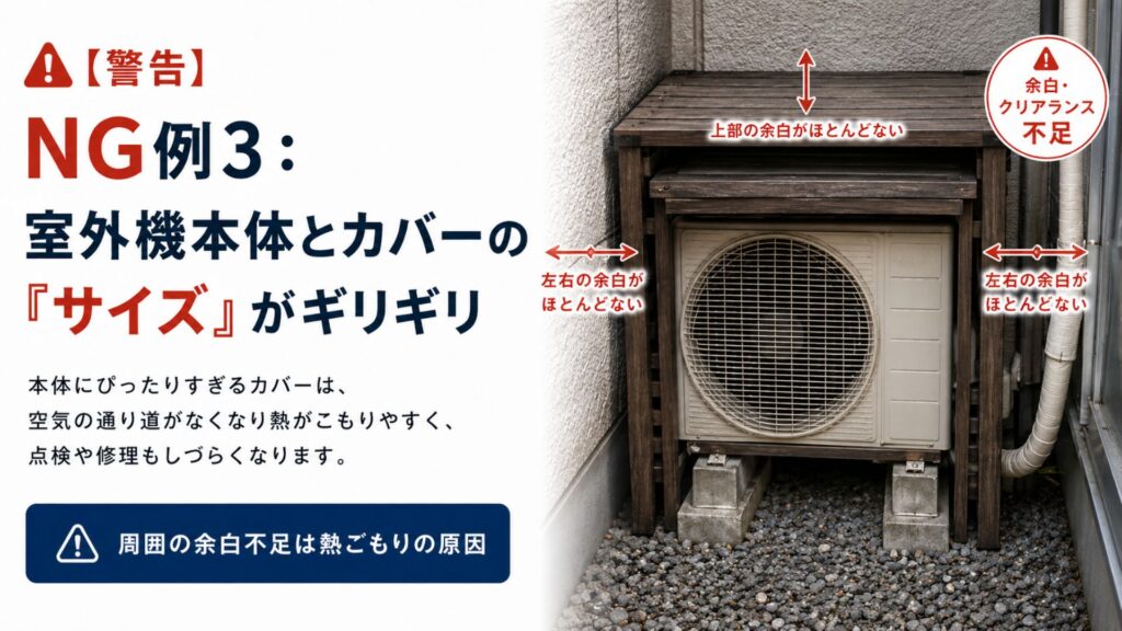 【警告】エアコンの室外機カバーが逆効果になるNG例3：室外機本体とカバーの「サイズ」がギリギリ