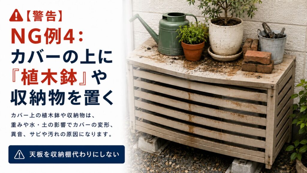 【警告】エアコンの室外機カバーが逆効果になるNG例4：カバーの上に「植木鉢」や収納物を置く