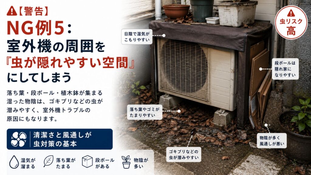 【警告】エアコンの室外機カバーが逆効果になるNG例5：室外機の周囲を「虫が隠れやすい空間」にしてしまう