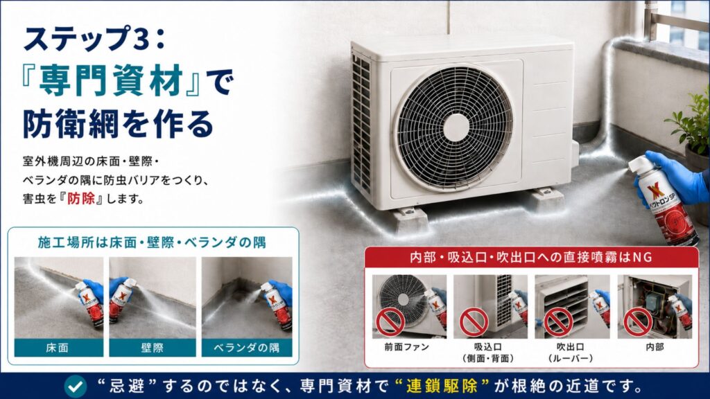 エアコンの室外機カバーだけでは不十分な「虫対策」と環境整備 ステップ3：「専門資材」で防衛網を作る