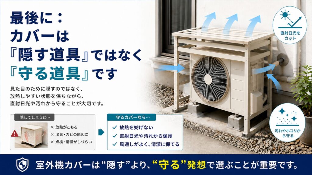 エアコンの室外機カバーは本当に必要？ 最後に：カバーは「隠す道具」ではなく「守る道具」です
