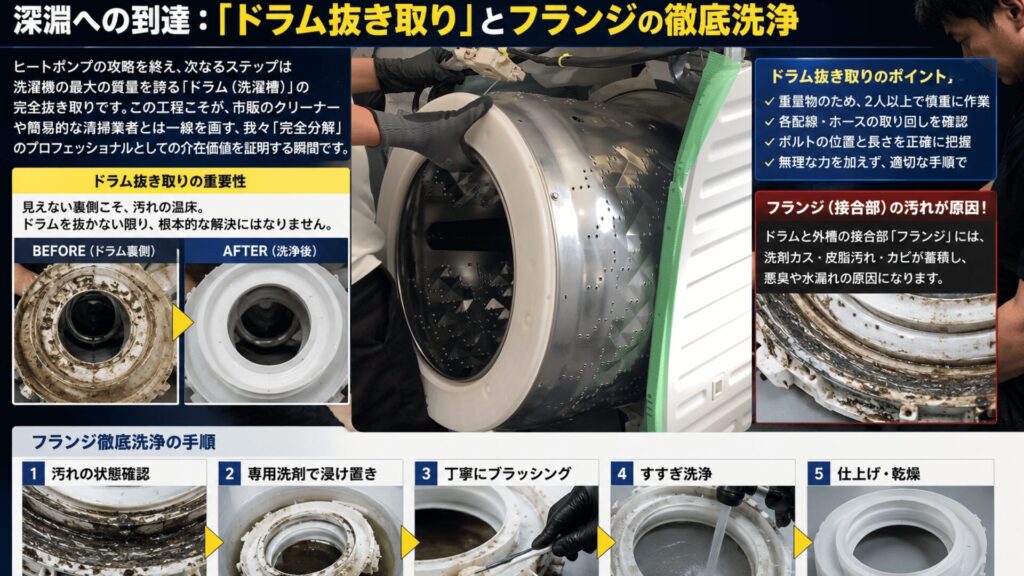 深淵への到達：ドラム抜き取りとフランジの徹底洗浄
