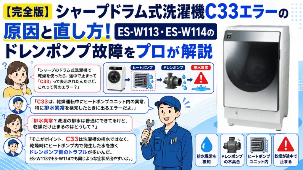 【完全版】シャープドラム式洗濯機C33エラーの原因と直し方!ES-W113・ES-W114のドレンポンプ故障をプロが解説