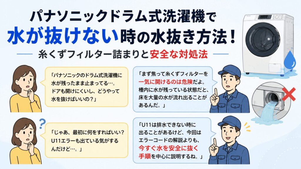 パナソニックドラム式洗濯機で水が抜けない時の水抜き方法！糸くずフィルター詰まりと安全な対処法