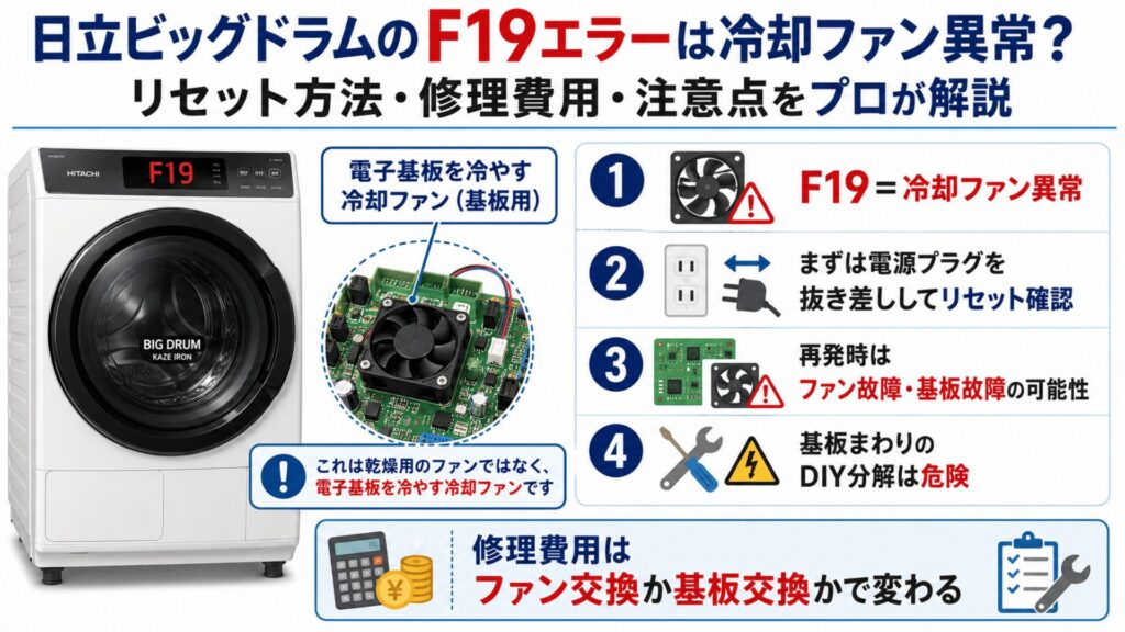 日立ビッグドラムのF19エラーは冷却ファン異常？リセット方法・修理費用・注意点をプロが解説