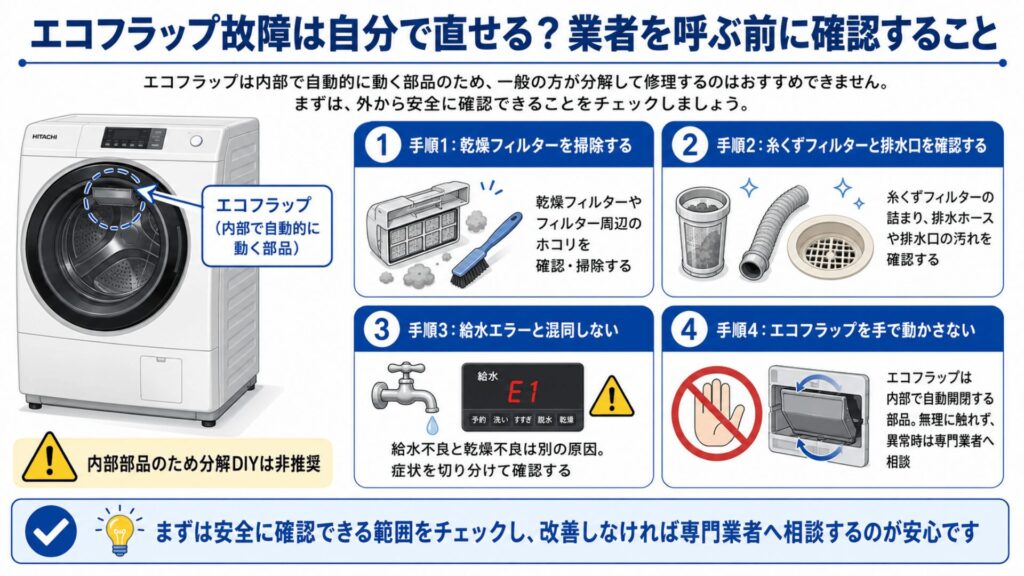 エコフラップ故障は自分で直せるかの確認手順イメージ