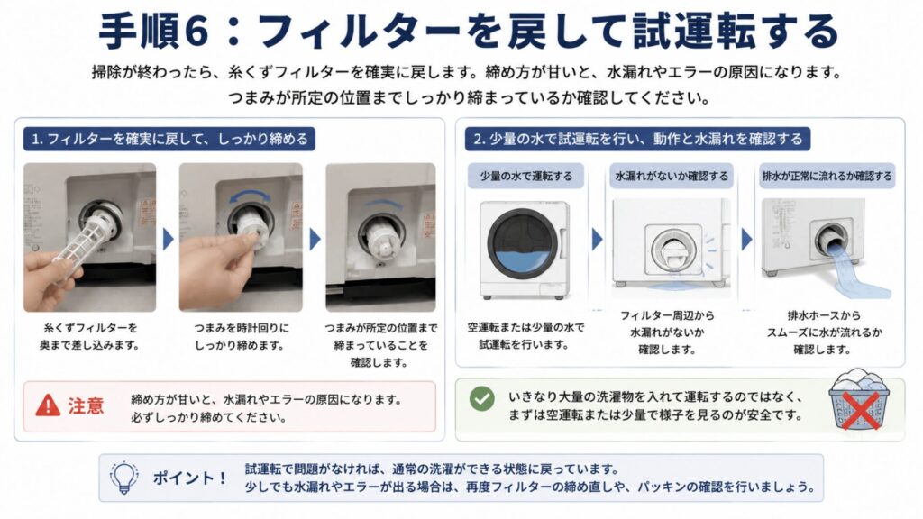 手順6：フィルターを戻して試運転する